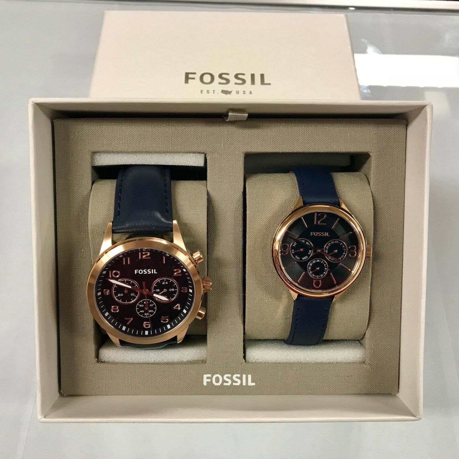 New FOSSIL BQ2186SET Navy Blue Genuine Leather - Men Women Couple Watch ...