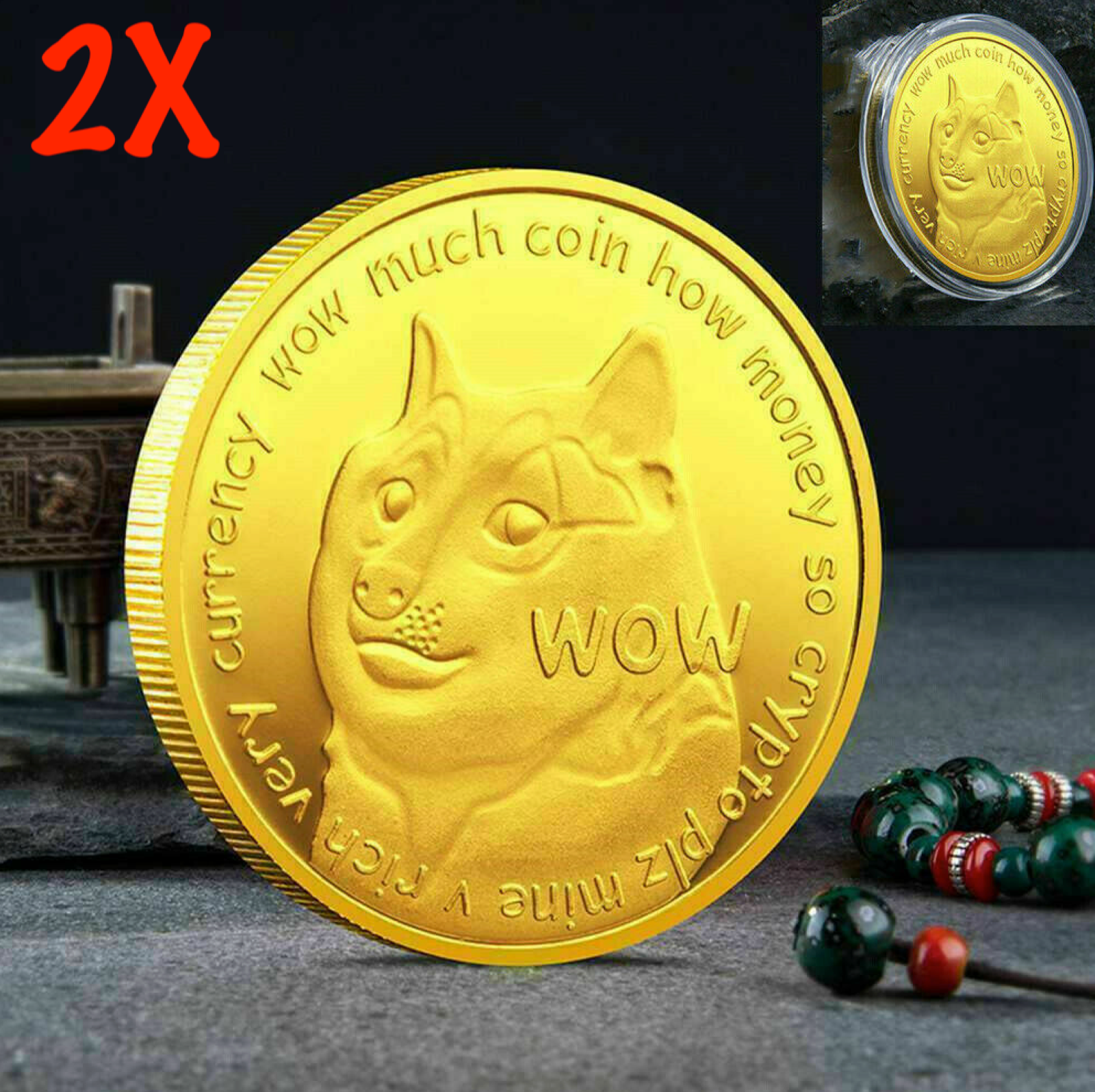 2x DogeCoin - Doge Coin - CryptoCurrency Physical Gold Plated Coin - Shiba Inu!