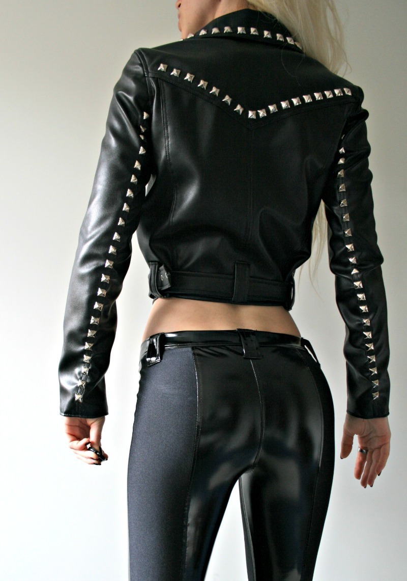 Women Silver Studded Zipper Black Laceup Zipper Genuine Leather Pantsr