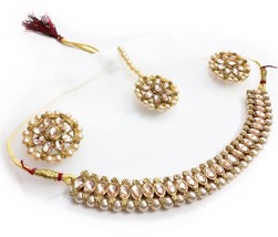 Kundan Indian Off White/Cream Pearl Choker Necklace, Earrings, Tikka Set... - $25.23