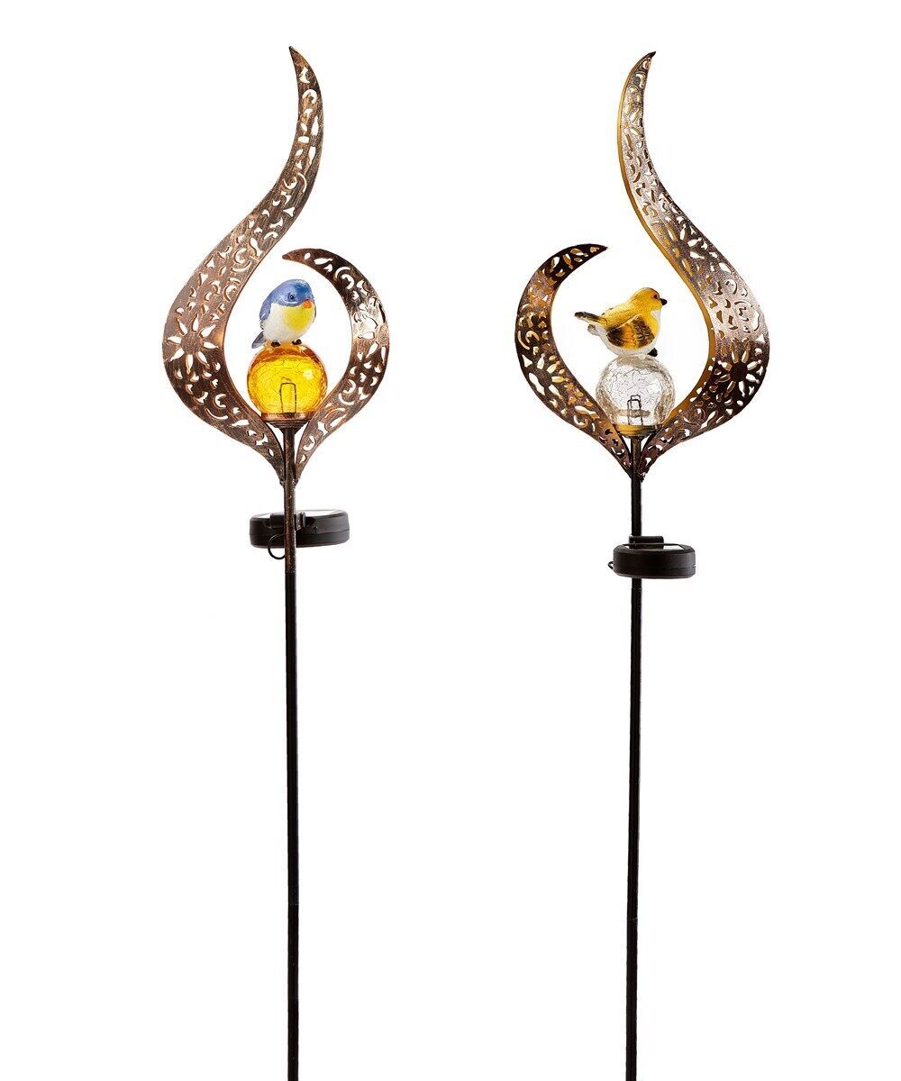 Bird Garden Stakes Set of 2 Solar Crackle Glass Orb Filigree Metal 35