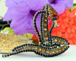 Snake Cobra Brooch Amber Black Rhinestones Lilien Czech Figural Large - $26.95
