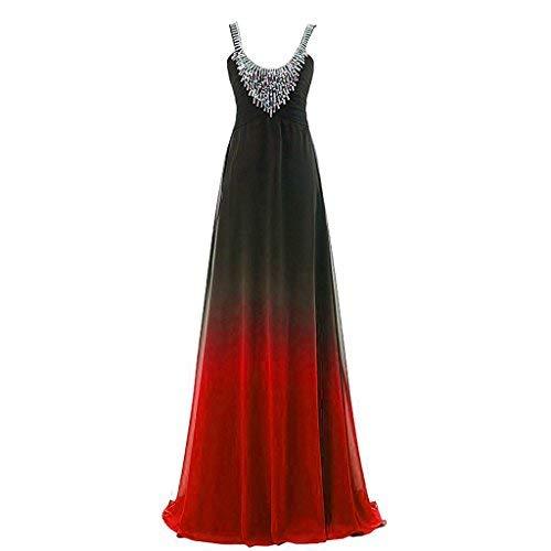 Scoop Neck Crystals Long Gradient Chiffon Prom Formal Evening Dresses Black Red