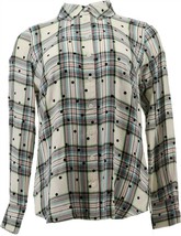 Denim&amp; Co Plaid Button-Front Big Shirt Flocked Dot Natural M NEW A389047 - $30.67