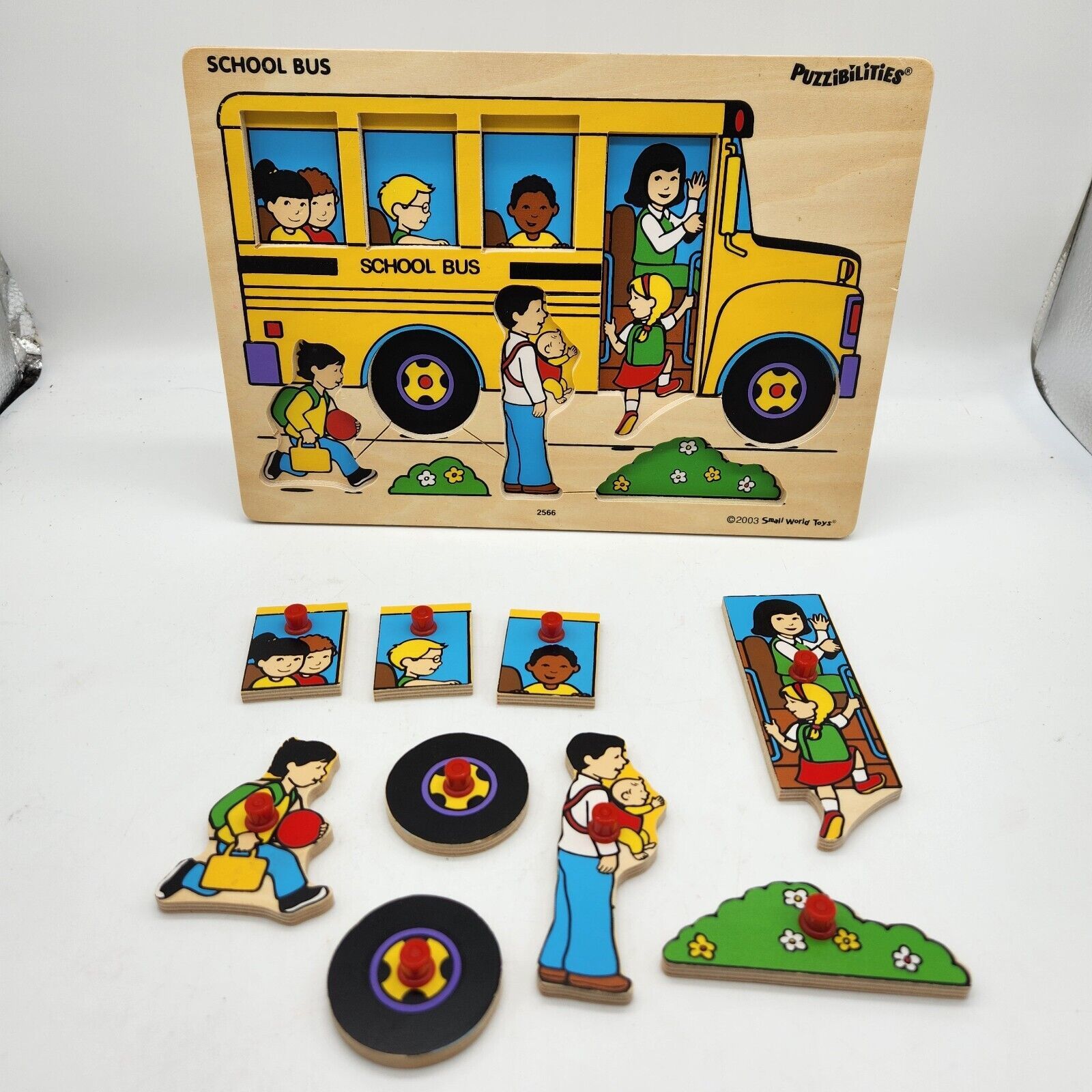 Puzzibilities Small World Toys School Bus Wooden Peg Tray Puzzle #2566 