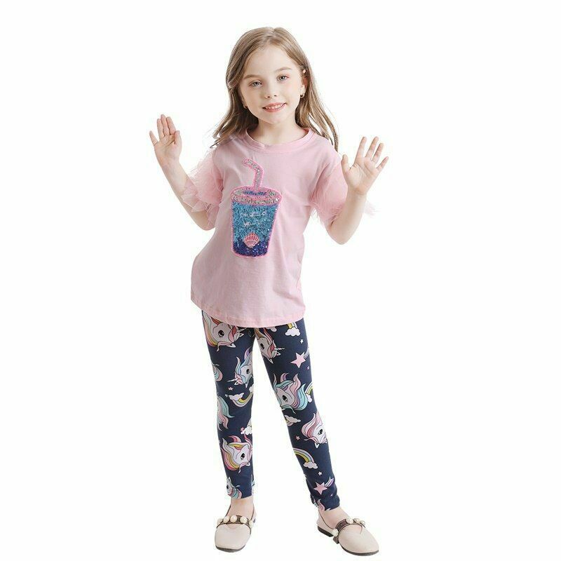 Clothing Sets For Girls Unicorn Pattern Short Sleeves Top Elastic Waist Leggings