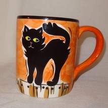 Black Cat Halloween Coffee Mug 12 oz Cup Bico Intl Fence Orange Fall Autumn - $14.89