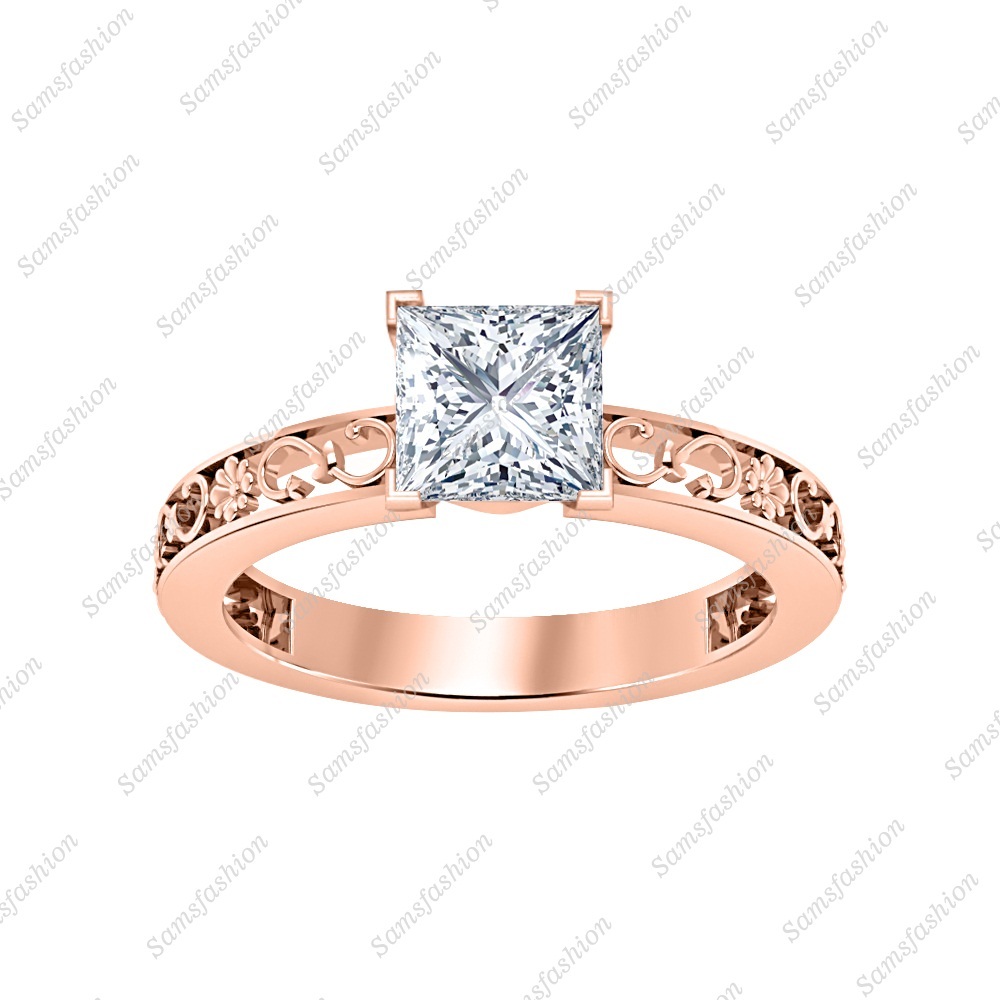 Women Solitaire Princess CZ Diamond 14k Rose Gold Over Engagement Promise Ring