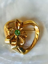 Estate Avon Signed Open Goldtone HEART with Ribbon & Green Rhinestone Pin Brooch - $10.39