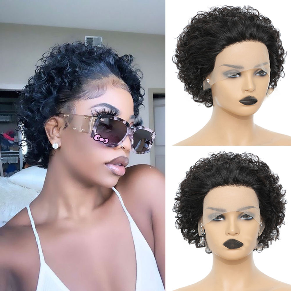 Curly Pixie Wigs for Black Women 13x1 Front Lace Human Hair Wig, #1B