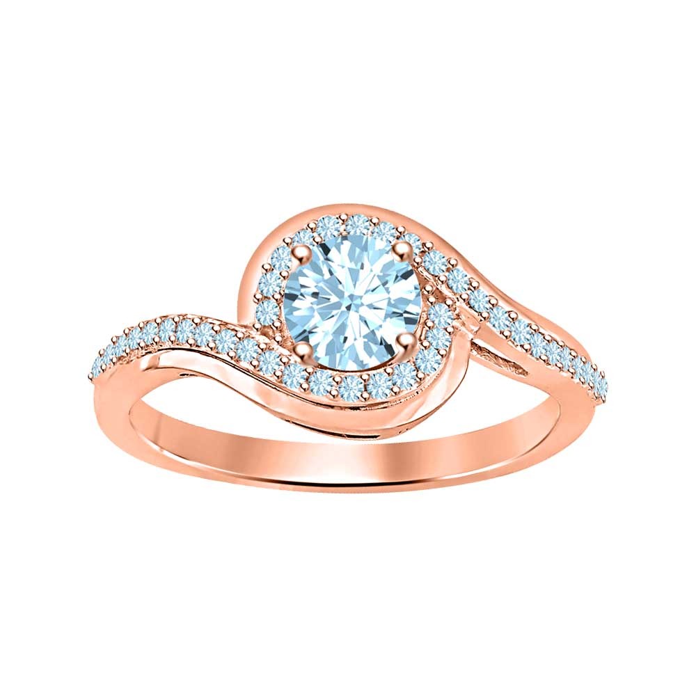 Round Cut Aquamarine 14k Rose Gold Over 925 Silver Wedding Women Ring