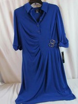 NWT Tahari Blueberry Dress Roll Sleeves Partial Button Gold Embellishment Sz 8 - $27.26