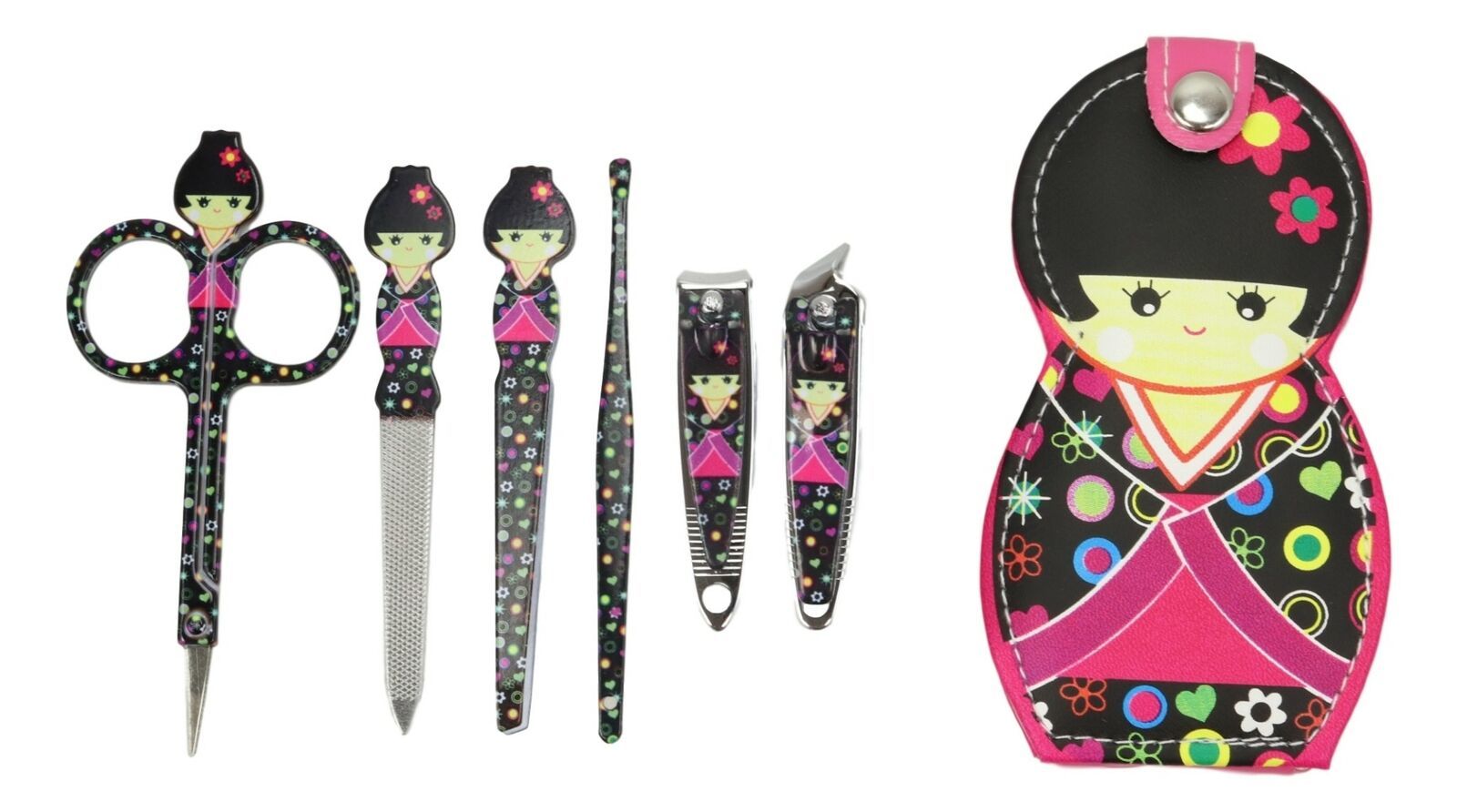 Japanese Kokeshi Doll Black Kimono Portable Case w/ Manicure Pedicure Tools Set