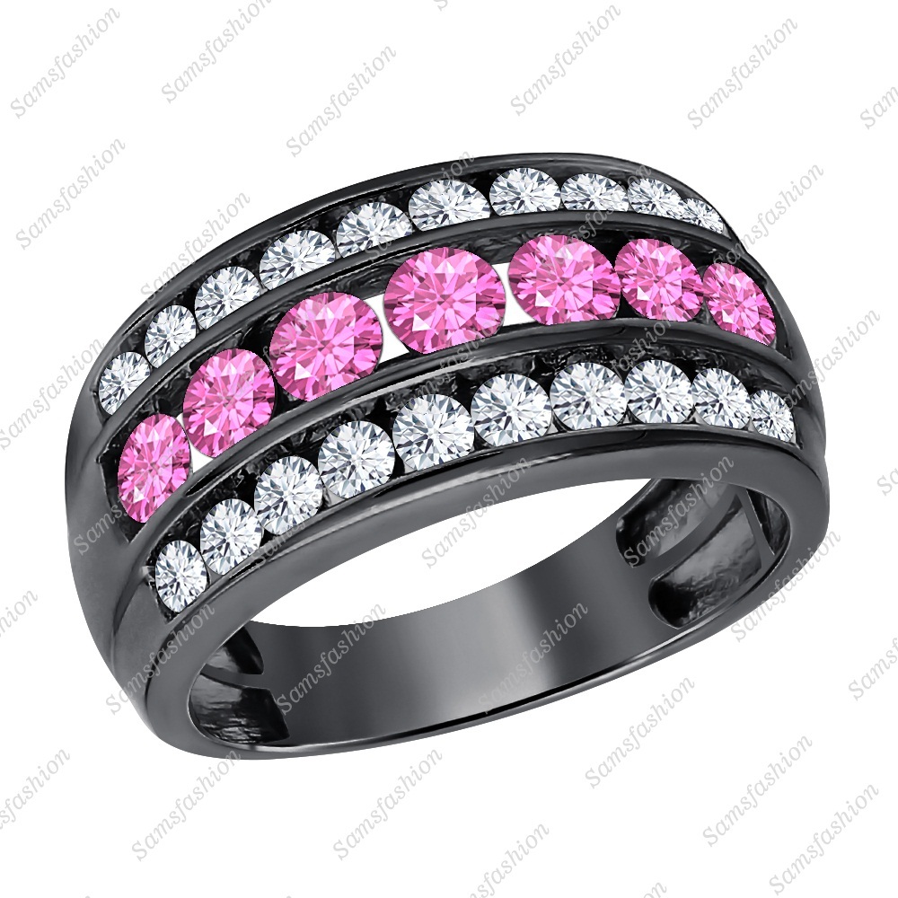 Three Row Wedding Mens Band Ring 3ct Pink Sapphire & Dia 14K Black Gp 925 Silver