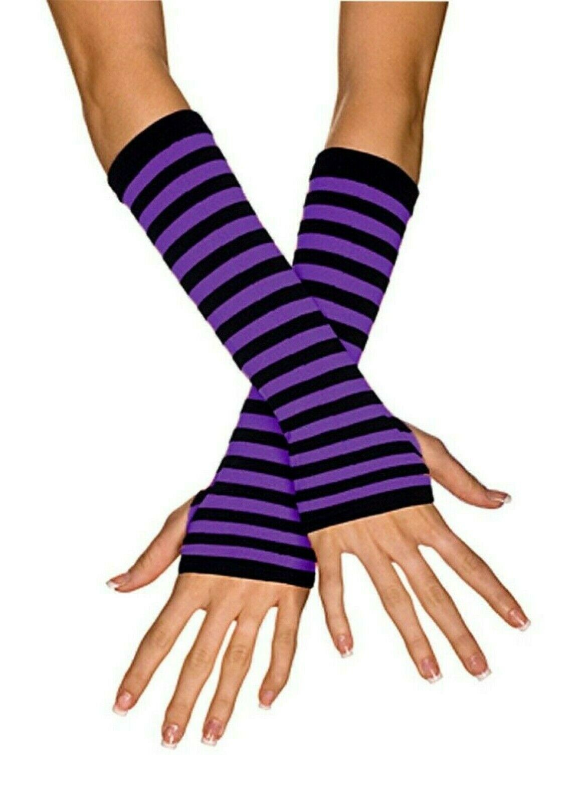 Fingerless Thumb Gloves Arm Warmers Striped Ladies Women Mitten Black and Purple