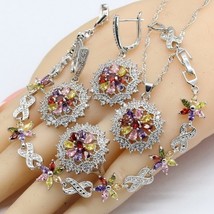 Silver Color Jewelry Sets Women Multi Color Semi-precious Necklace Pendant Brace - $32.88