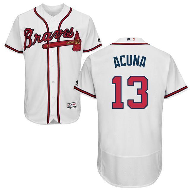 Men's 2018 #13 Ronald Acuna Jr. Jersey Sewn on Atlanta Braves White