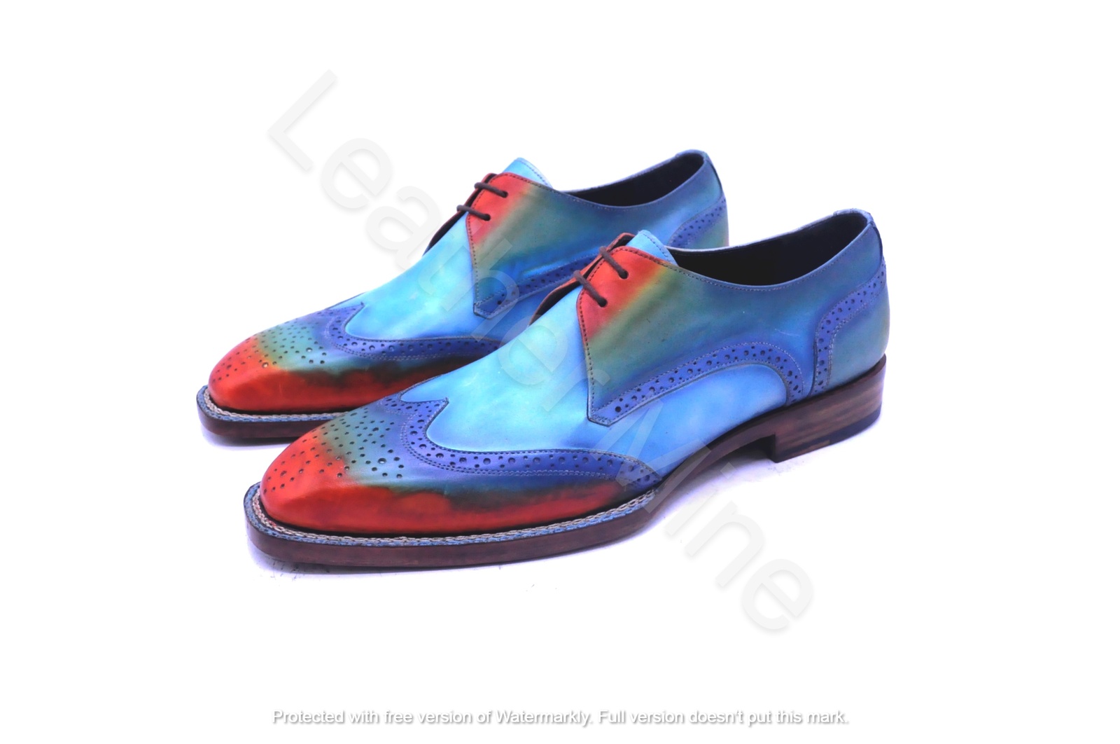 Men's Handmade Blue Patina Wingtip Derby Leather Dress Shoes For Men