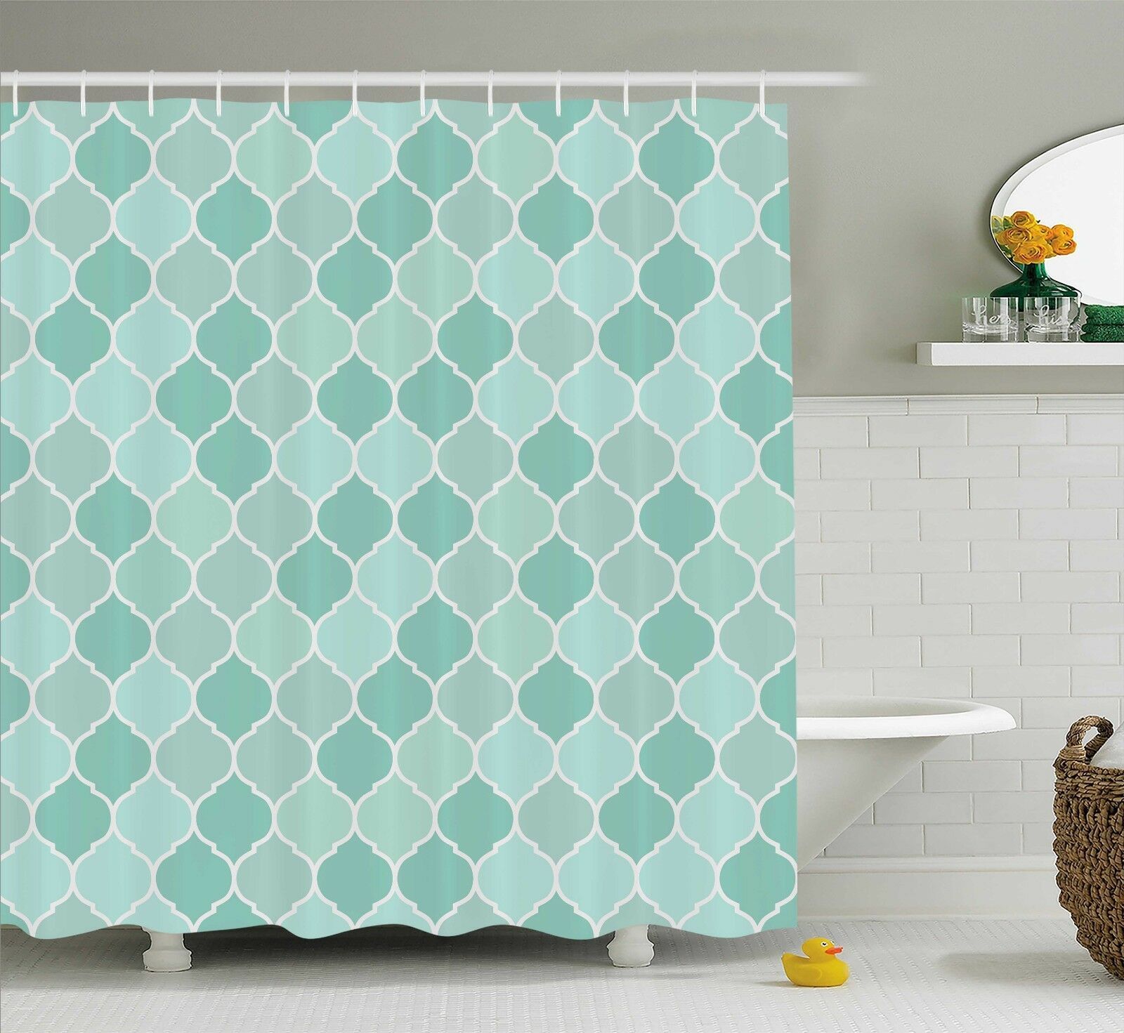 Teal Blue Trellis Pattern Fabric Shower Curtain 84 Long Geometric Print