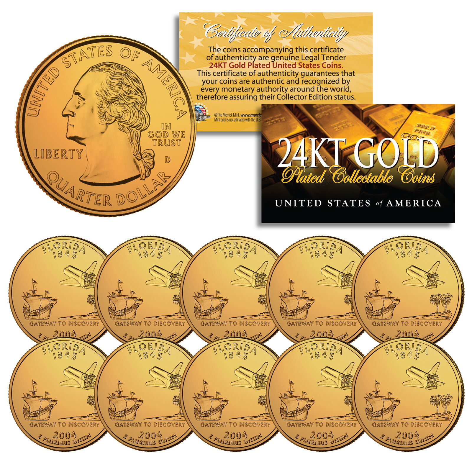 2004 Florida State Quarters U.S. Mint BU Coins 24K GOLD PLATED (LOT of 10) Mint Sets