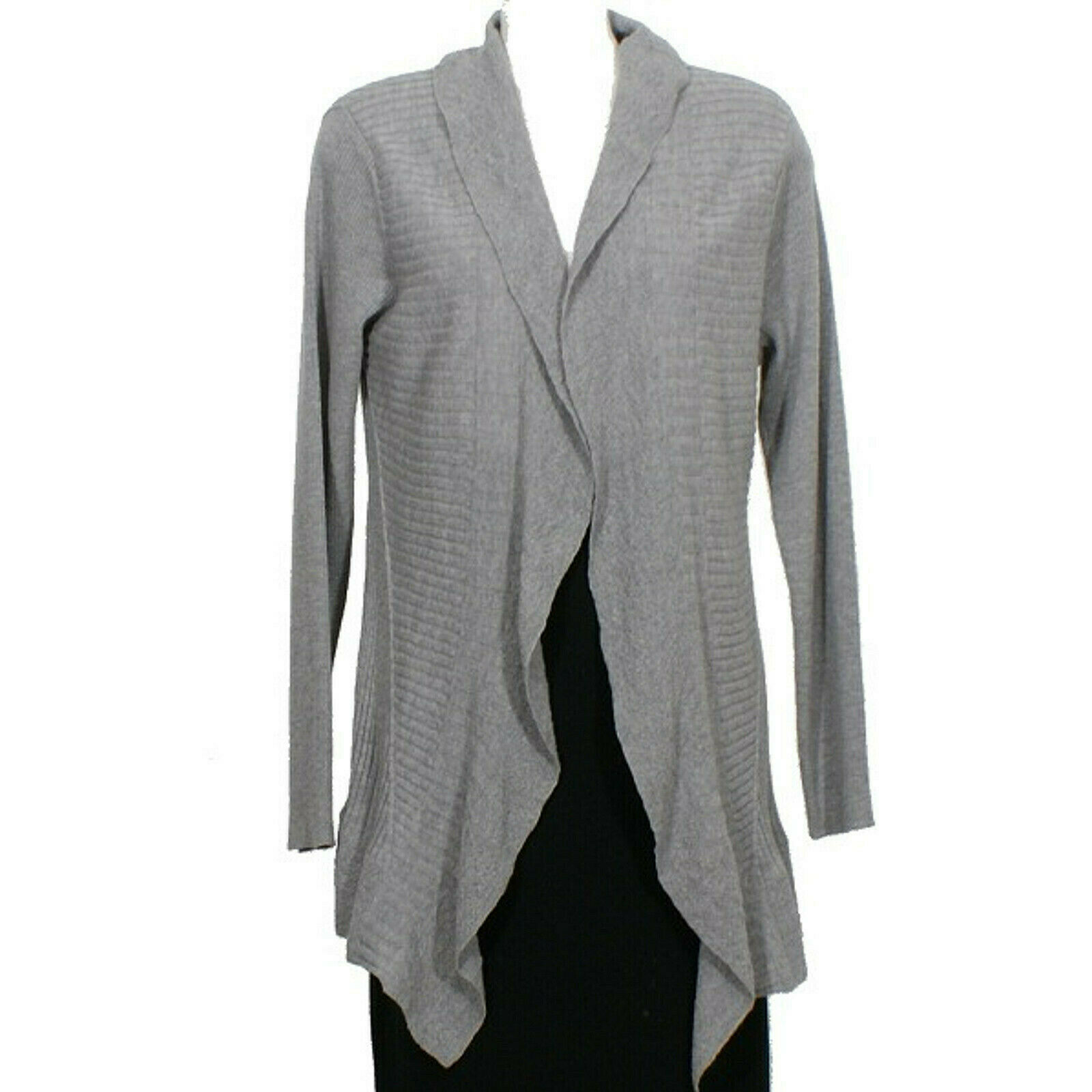 EILEEN FISHER Smoke Gray Washable Wool Diagonal Rib Flutter Cardigan L ...