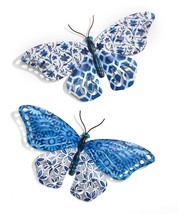 Blue Butterfly Wall Plaques Metal Set of 2 - 14" Wide Patterned Indigo Garden