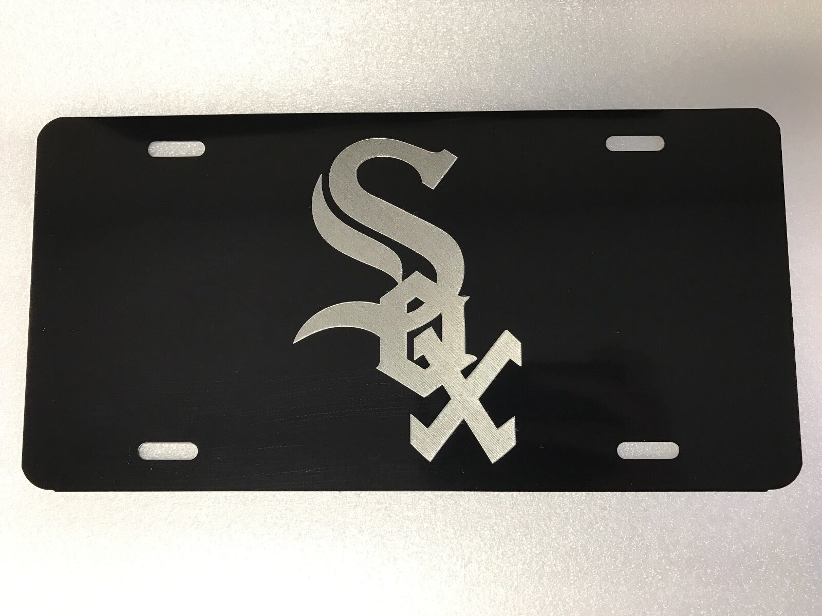 CHICAGO WHITE SOX Logo Car Tag Diamond Etched on Black Aluminum License Plate