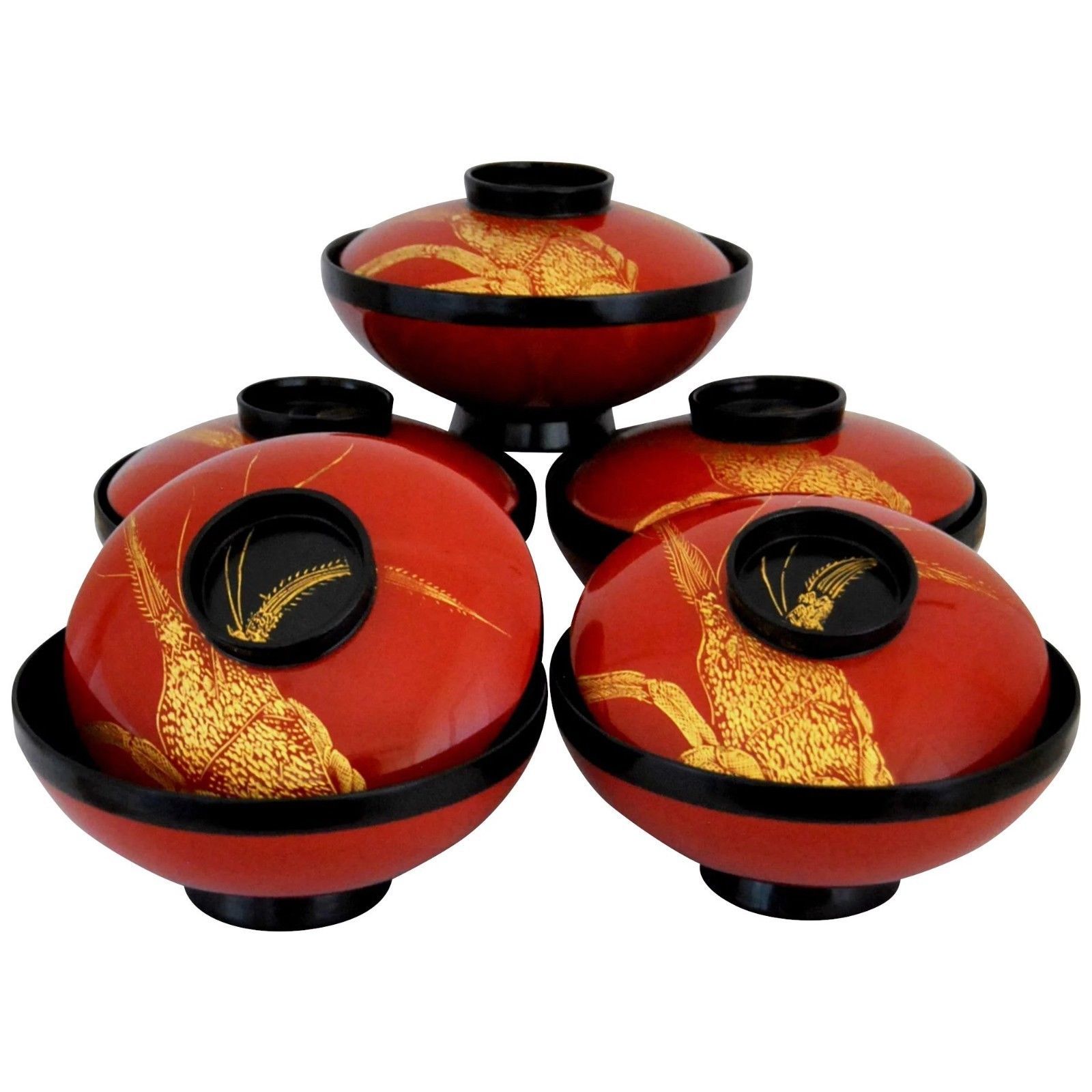 Urushi Lacquer Lidded Rice Soup Bowls Japanese Meshi Wajimanuri