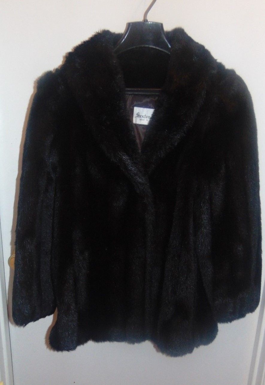 Vintage Saxton Hall Black Faux Fur Short Coat-Lined-2 Pockets-Made In ...
