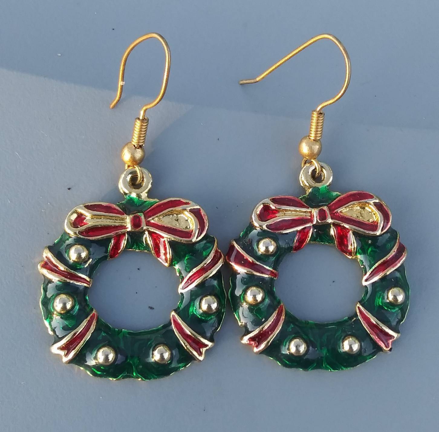 Golden Enamel Christmas Wreath Drop Earrings - $6.00