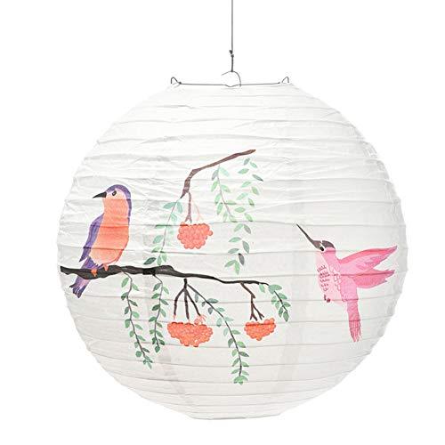 Handmade Round Paper Lantern Chinese/Japanese Style Painted Perching Birds Decor