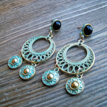 Aztec Chandelier Earrings Gold Tone Turquoise Patina Gypsy Boho Jewelry Black - $6.00