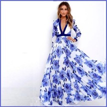 Ladies Empire Waist Flowing Full Flare Blue Roses Print V-Neck Long Sleeve Dress image 1