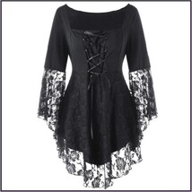 Black Plus Size Gothic Lace Up Front Flare Sleeves Irregular Extended Lace Hem