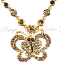 Butterfly Necklace Multicolor Crystal Champagne Gold Brown Goldtone Metal Spring - $34.99