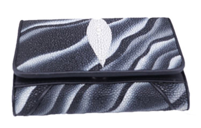 Genuine Stingray Skin Leather Short Trifold Women Wallet : Marble Pattern Black