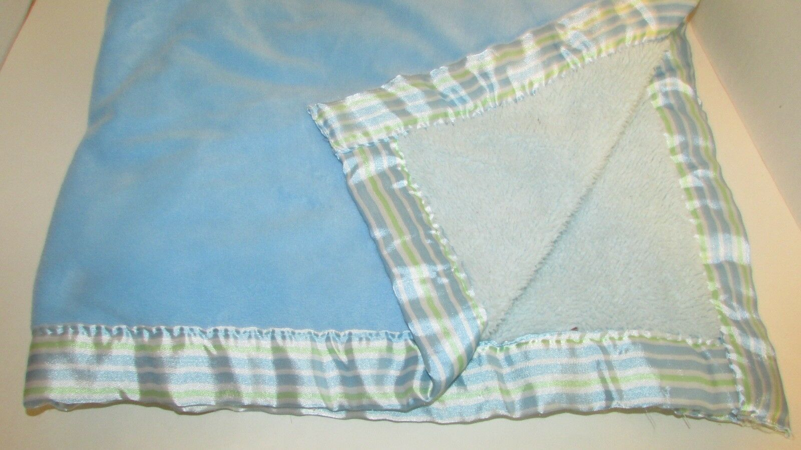 Primary image for Baby Blanket Blankets & Beyond thick plush blue green white striped satin trim