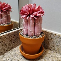 Faux Cactus Plant in Terra Cotta Pot, Artificial Vintage Fake Pink Fabric Cactus