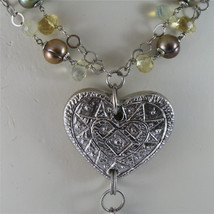 .925 SILVER RHODIUM NECKLACE 17,72 In, GREEN PEARLS, HAMMERED CENTRAL HEART. image 2