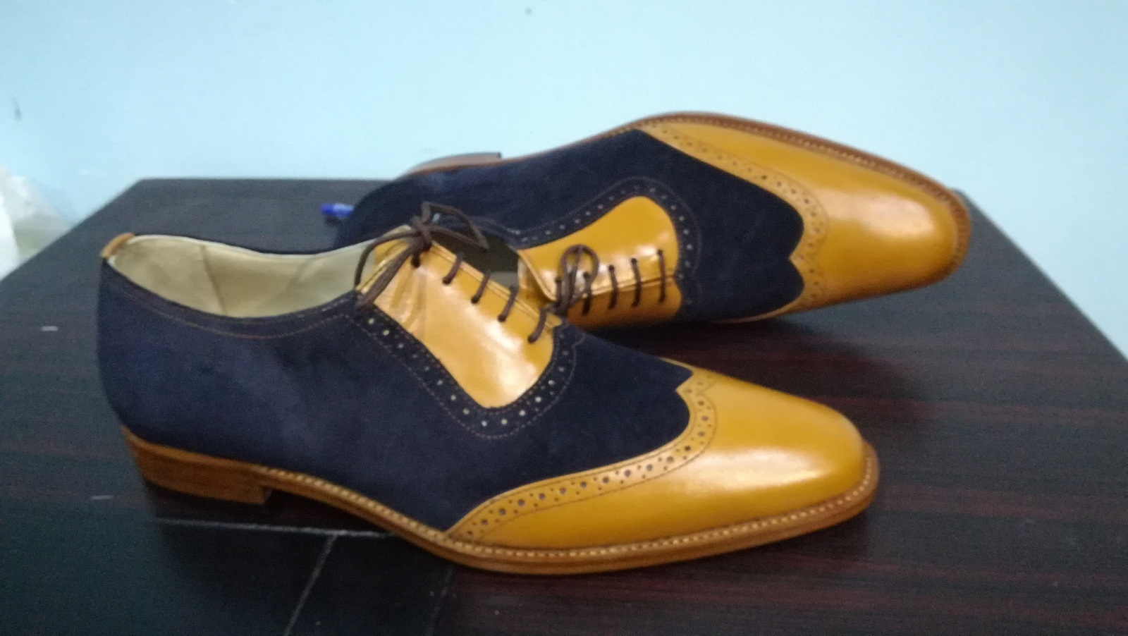 NEW Handmade Men Two Tone Navy Tan Shoes, Men's Wingtip Lace Up Leather