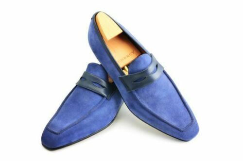 Handmade Men Original Blue Suede Loafers Slip On Shoes for Men