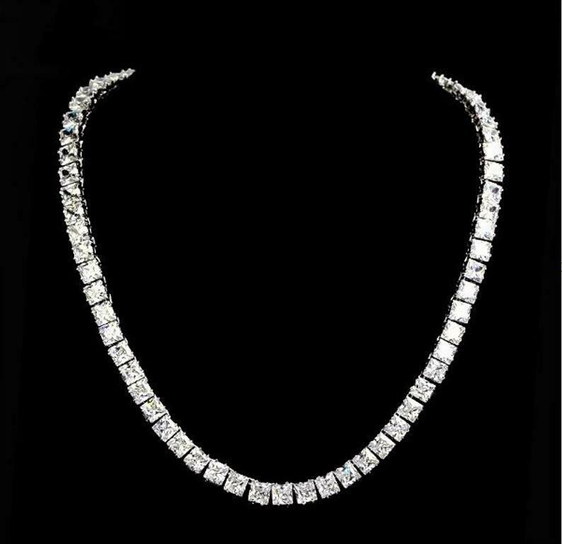 Tennis Necklace 18" 45Ct Princess Unique Cut D/VVS1 Diamond 14K White