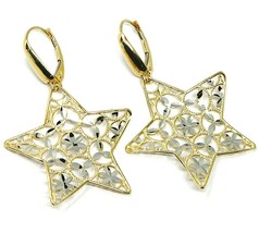 18K YELLOW WHITE GOLD PENDANT EARRINGS ONDULATE WORKED STAR, SHINY, STRIPED image 1