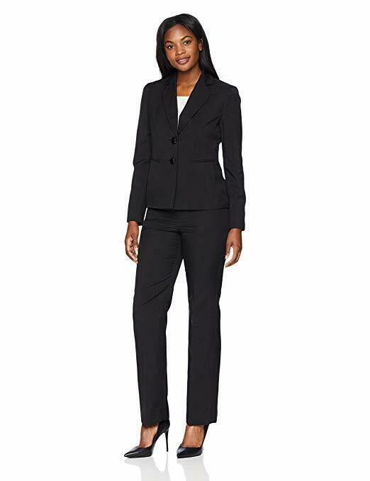 Le Suit Women's Crepe 2 Button JKT Notch Collar Pant Suit, Black, 16