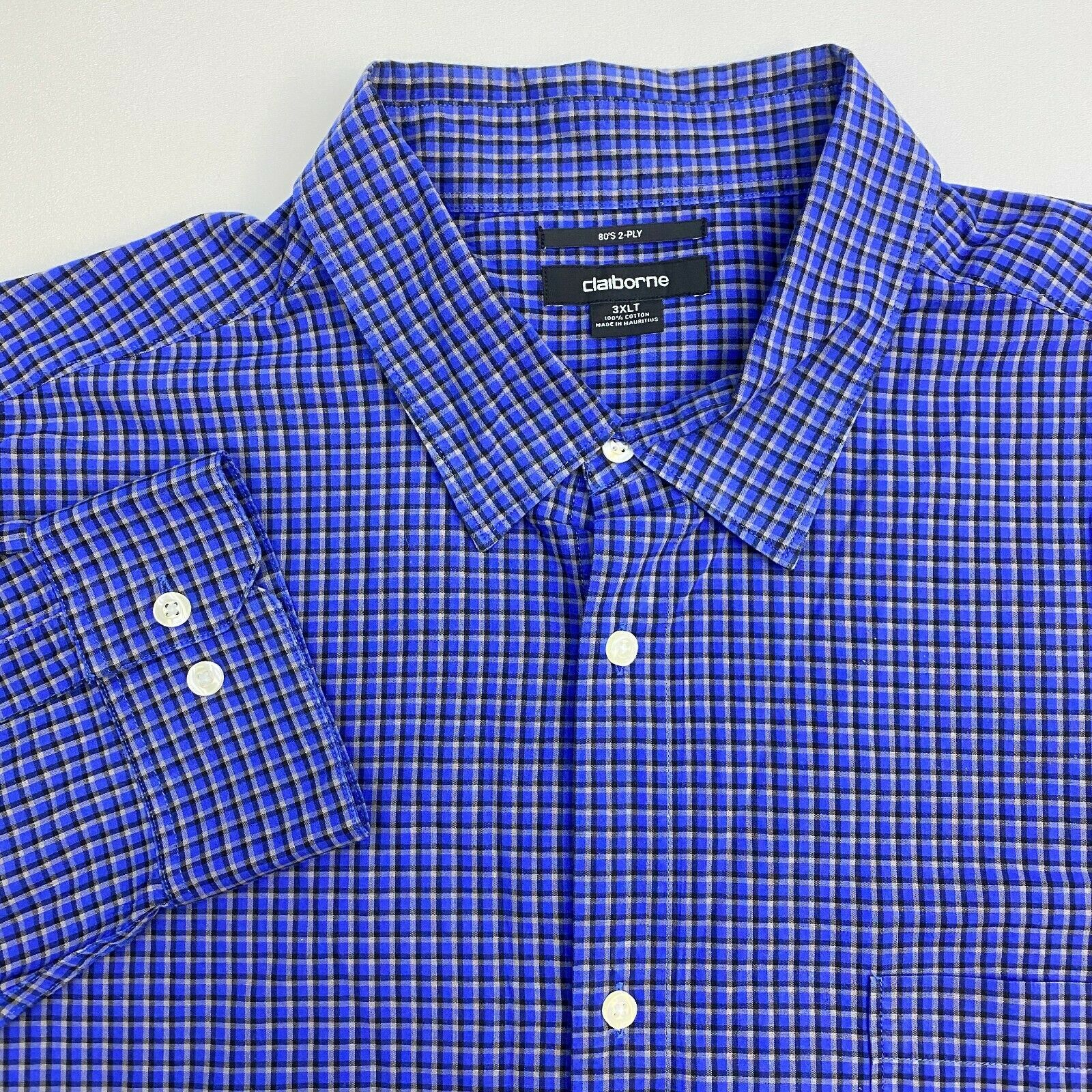 Claiborne Button Up Shirt Mens 3XLT 80's 2 Ply Blue Check Long Sleeve ...