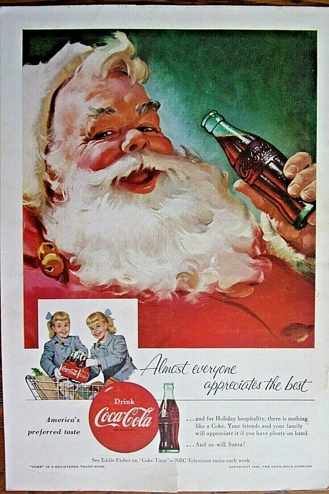 Primary image for Coca-Cola magazine ad-Santa and small picture of Twin girls-1955