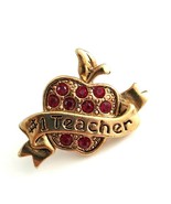 Vintage Avon Jewelry Gold Tone #1 Teacher Red Rhinestone Apple Pin Schoo... - $15.60