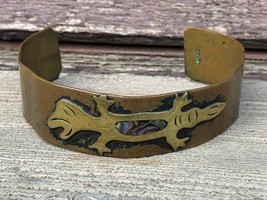 Vtg 70'S Mexico Copper Brass Lizard Cuff Bracelet Mixed Metals Abalone - $24.70