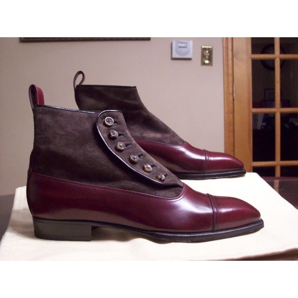 Handmade Men Maroon Color High Ankle Plain Cap Toe Genuine Leather Button Boots