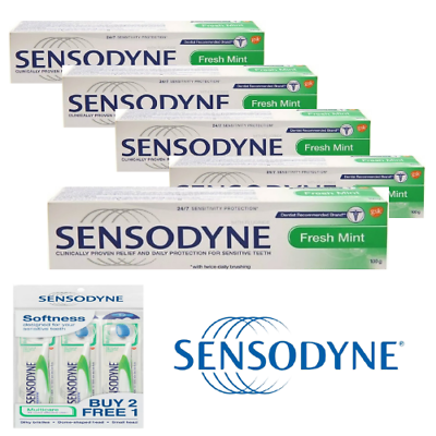 Sensodyne Toothpaste Fresh Mint  for Sensitive Teeth 100g x 5 Free 3x Toothbrush